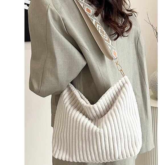 Corduroy Slouchy Tote Bag With Guitar Shoulder Strap Ivory - Picture 1 of 2